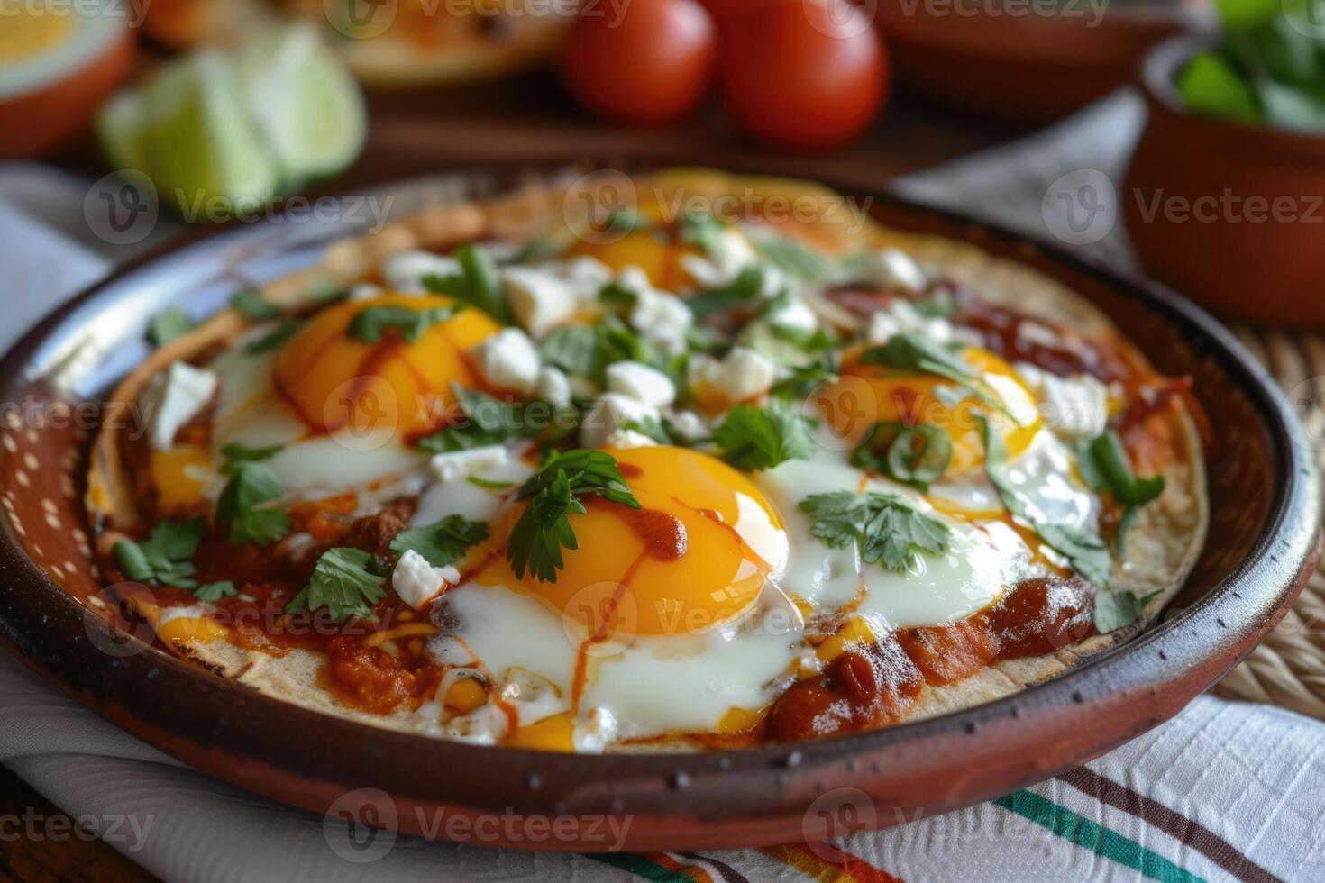 ai generato messicano huevos rancheros uovo arrosto, strapazzate uova, salsa, taco, tortillas, la verdura, prezzemolo foto