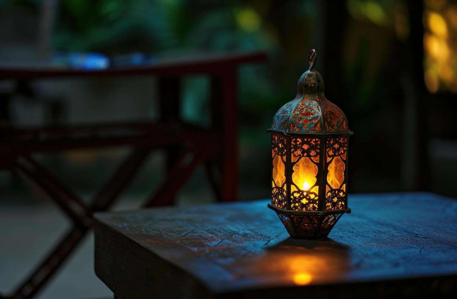 ai generato piccolo lanterna luci su un' tavolo kurdosalanaiah foto
