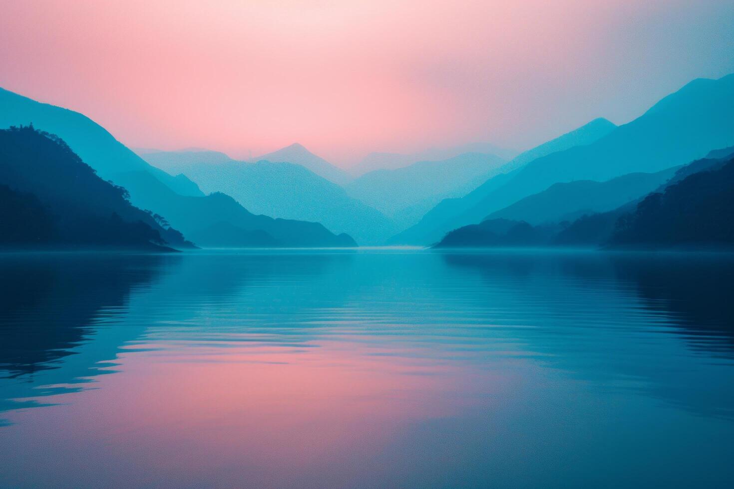 ai generato lento movimento di montagne su calma lago nel Cina foto