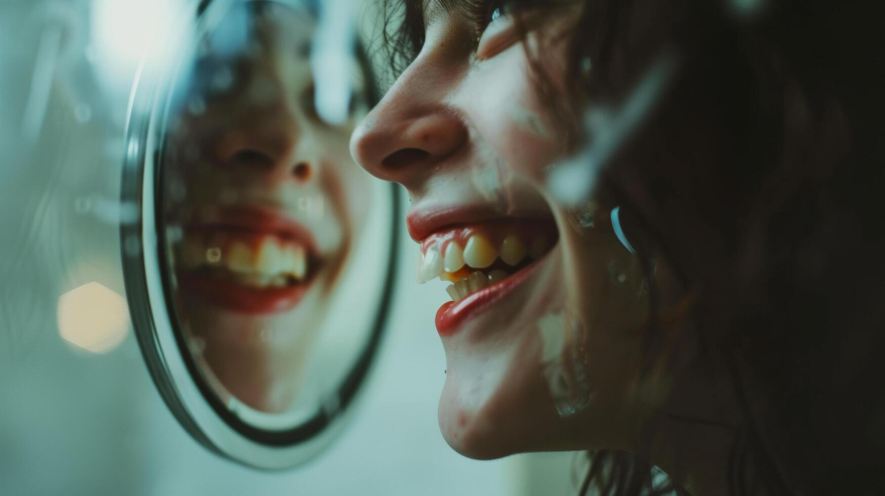 ai generato un' donna con simle riflettendo su specchio dentale Salute e igiene. foto