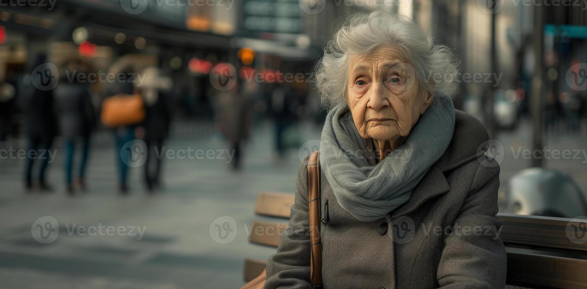 ai generato invecchiamento società un vecchio donna seduta su un' panchina nel un' occupato città strada foto