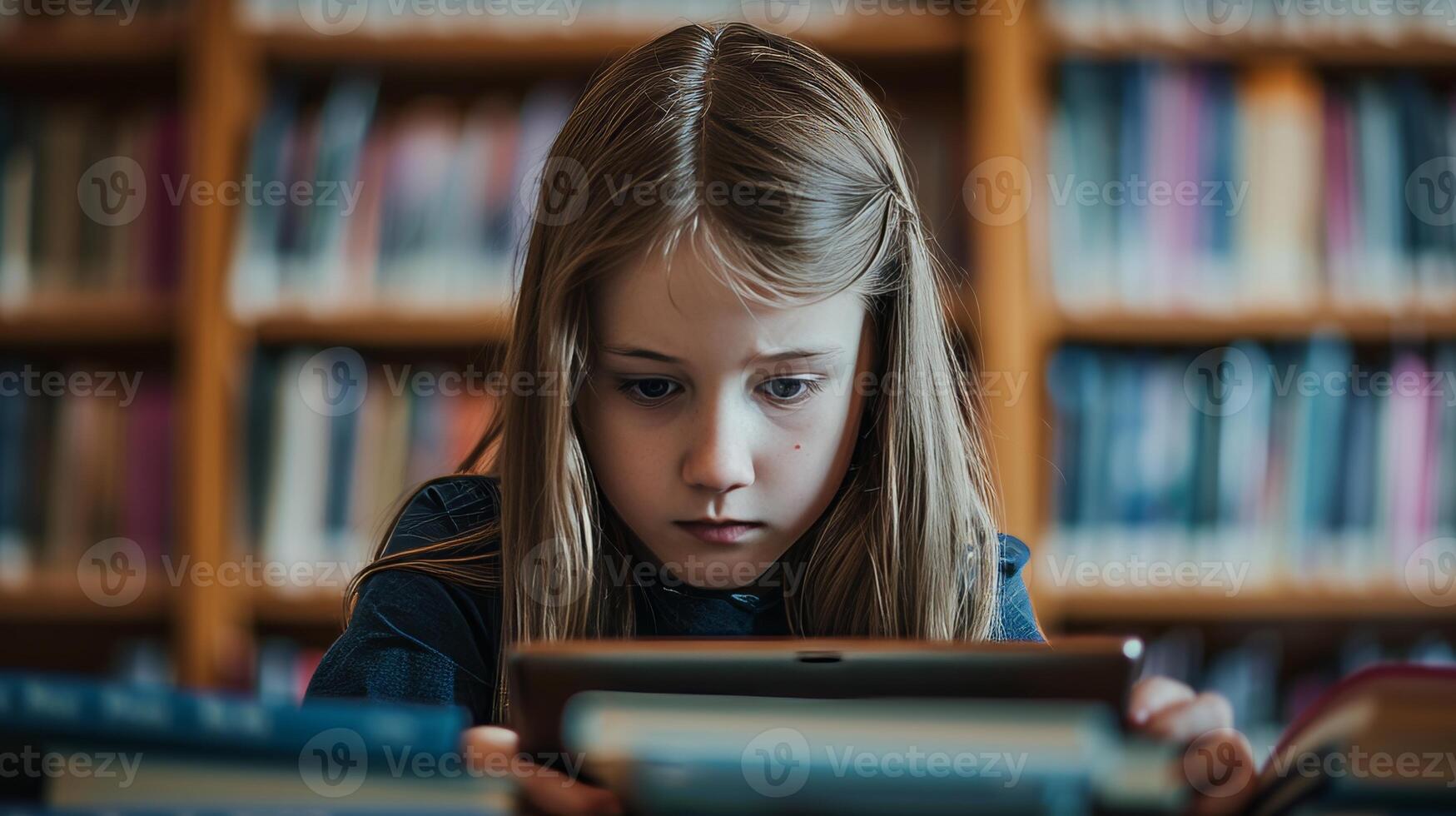 ai generato giovane ragazza utilizzando un' tavoletta nel un' biblioteca di fronte cyber bullismo Messaggio foto