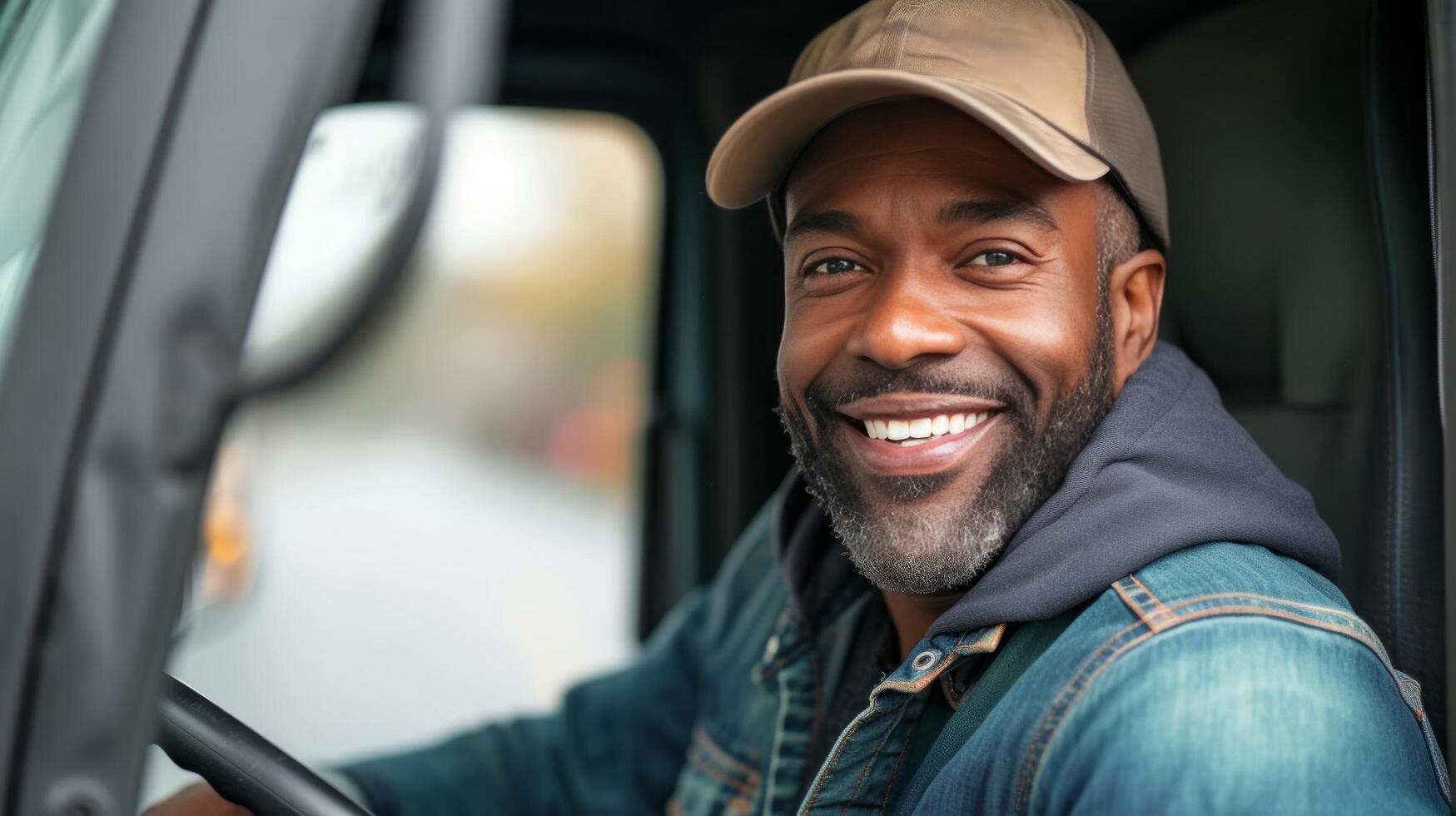 ai generato gioioso africano americano autista all'uscita camion e di fronte telecamera foto