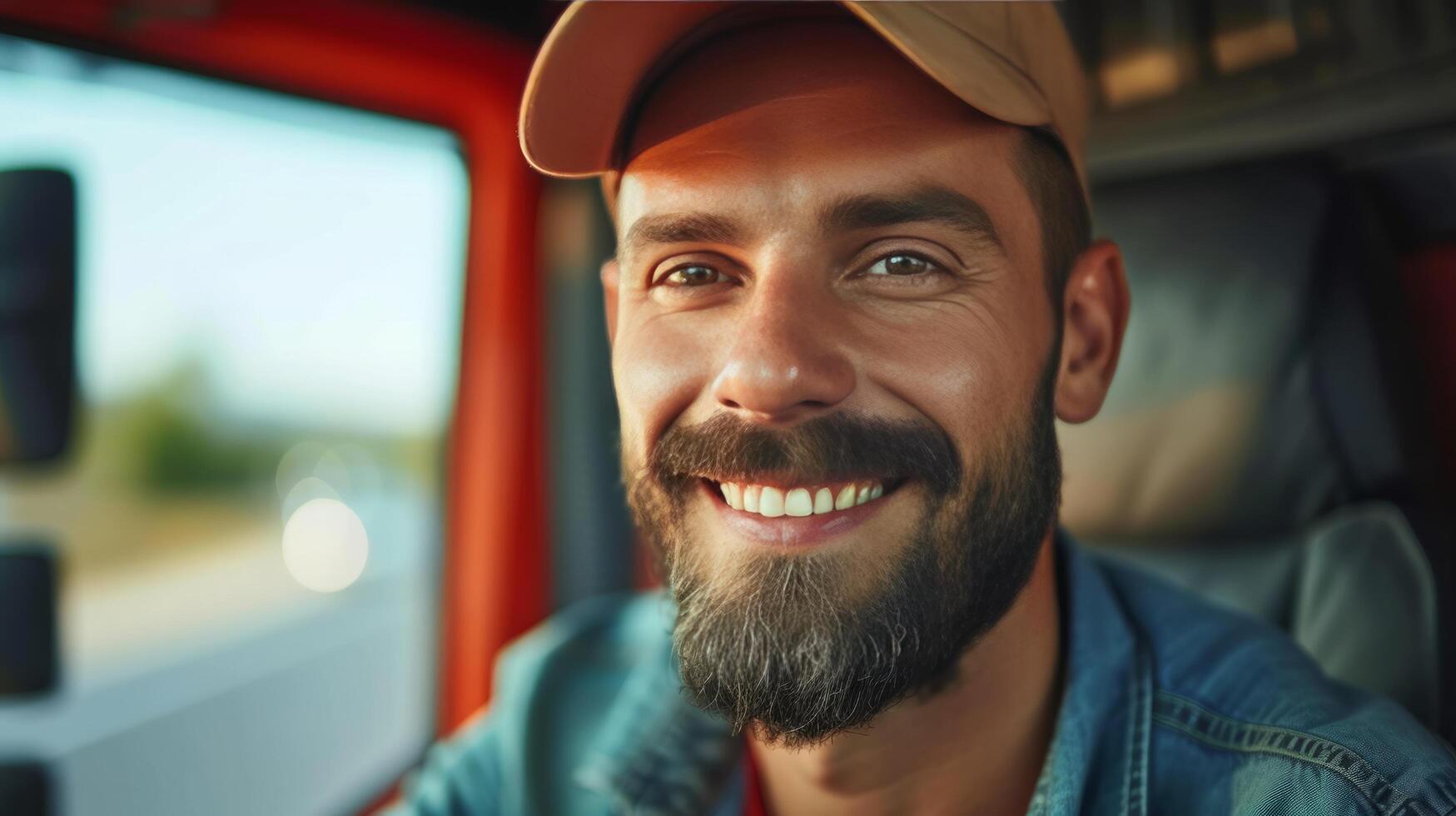 ai generato gioioso spagnolo autista all'uscita camion e di fronte telecamera foto