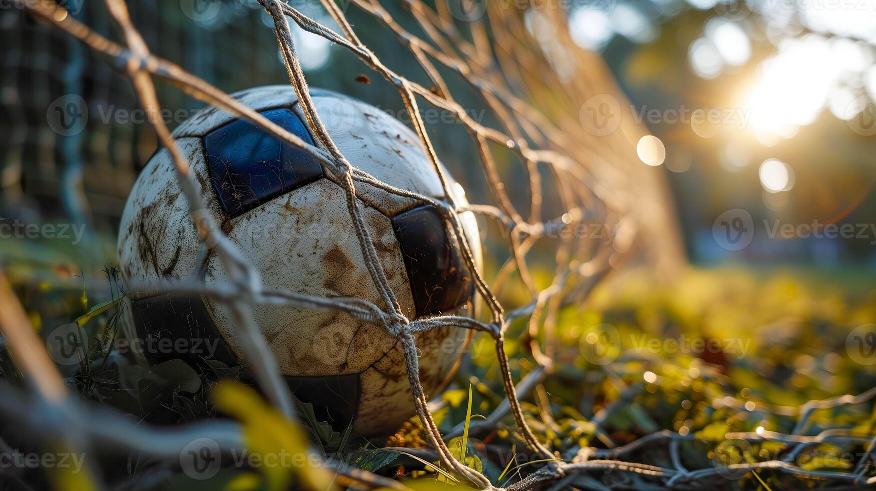 ai generato calcio palla rottura obbiettivo rete, dinamico gli sport momento foto