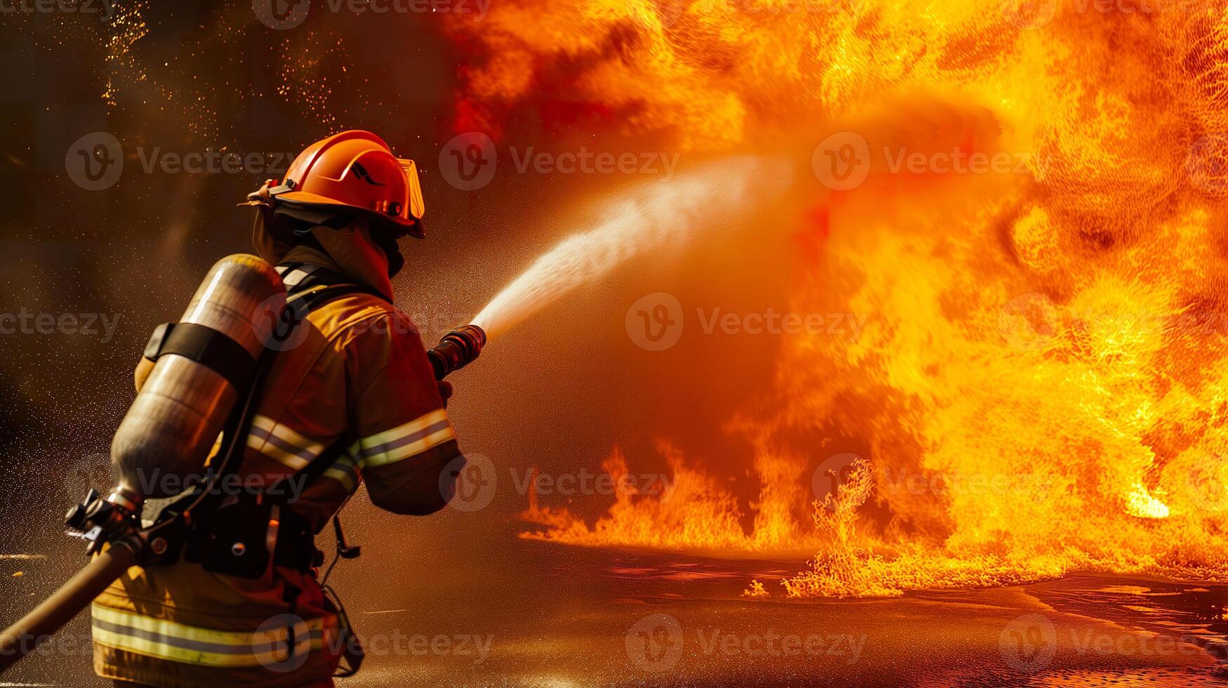 ai generato pompiere addestramento, coraggioso vigile del fuoco nel azione con acqua e estintore foto