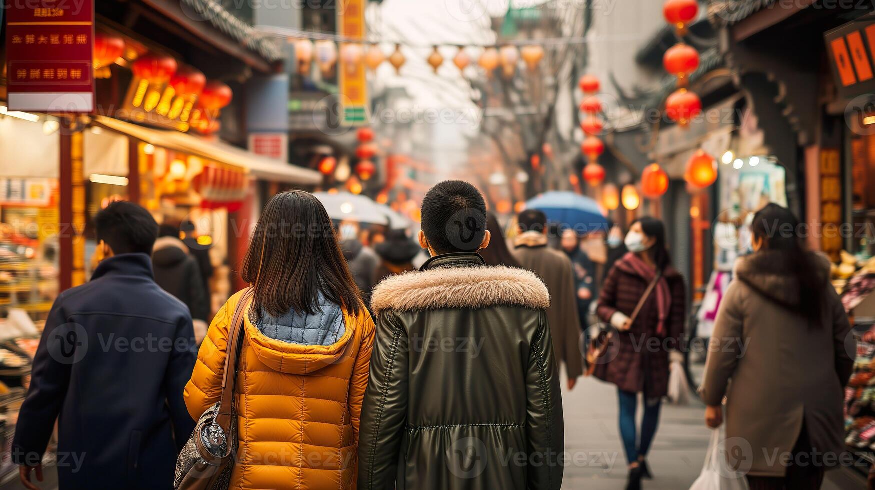 ai generato Pechino strada mercato, autentico cibo scena con Cinese turisti foto