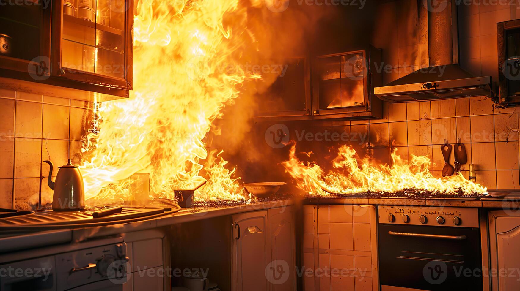 ai generato fuga il ardente cucina, intenso Casa fuoco disastro foto