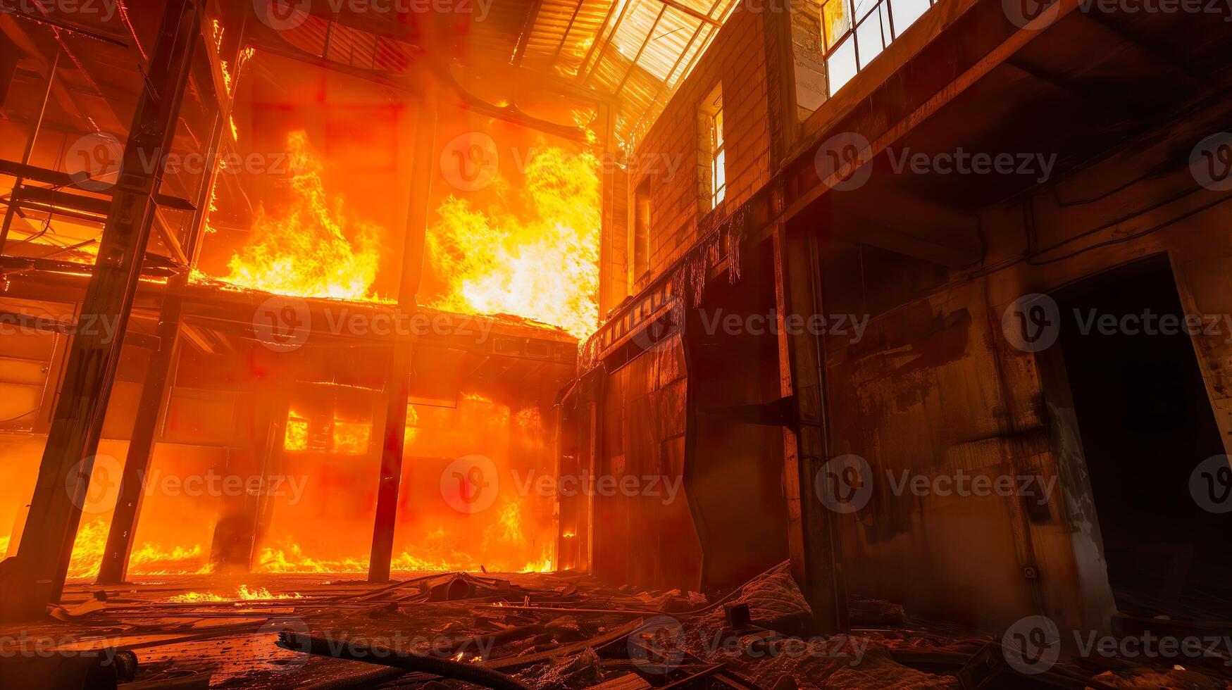 ai generato ardente disastro, intenso fiamme nel industriale ambientazione foto