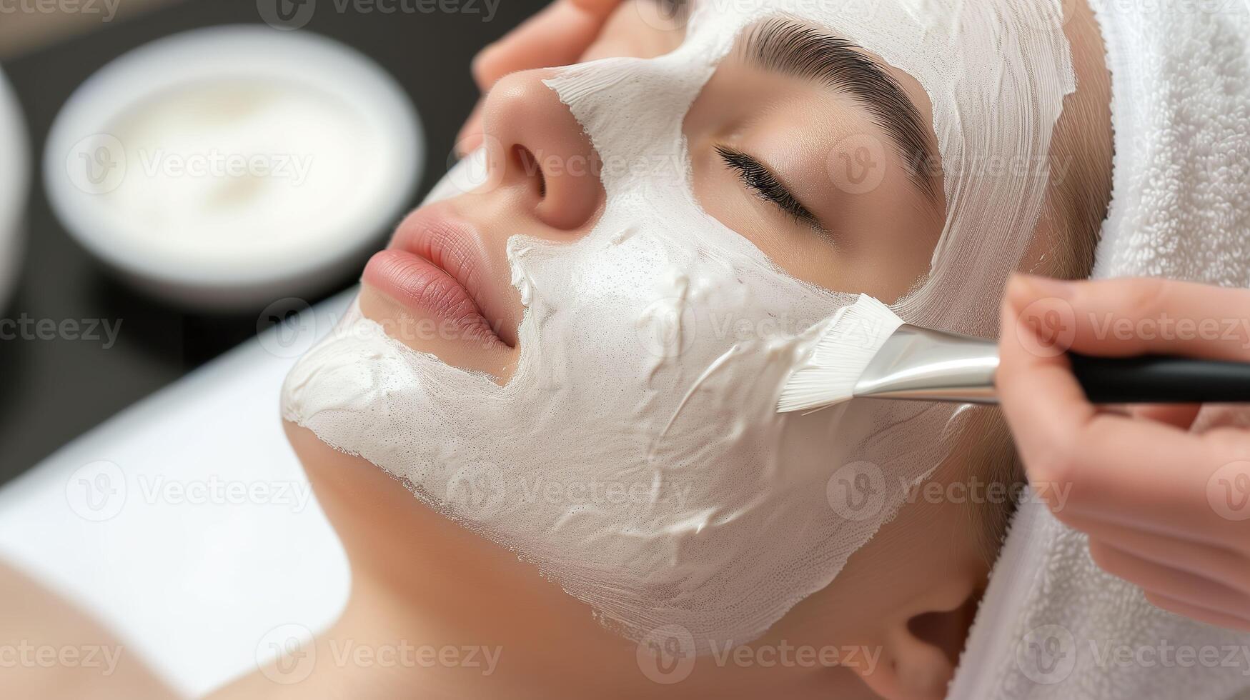 ai generato bellezza terme delizia, facciale trattamento con peeling maschera di qualificato estetista foto