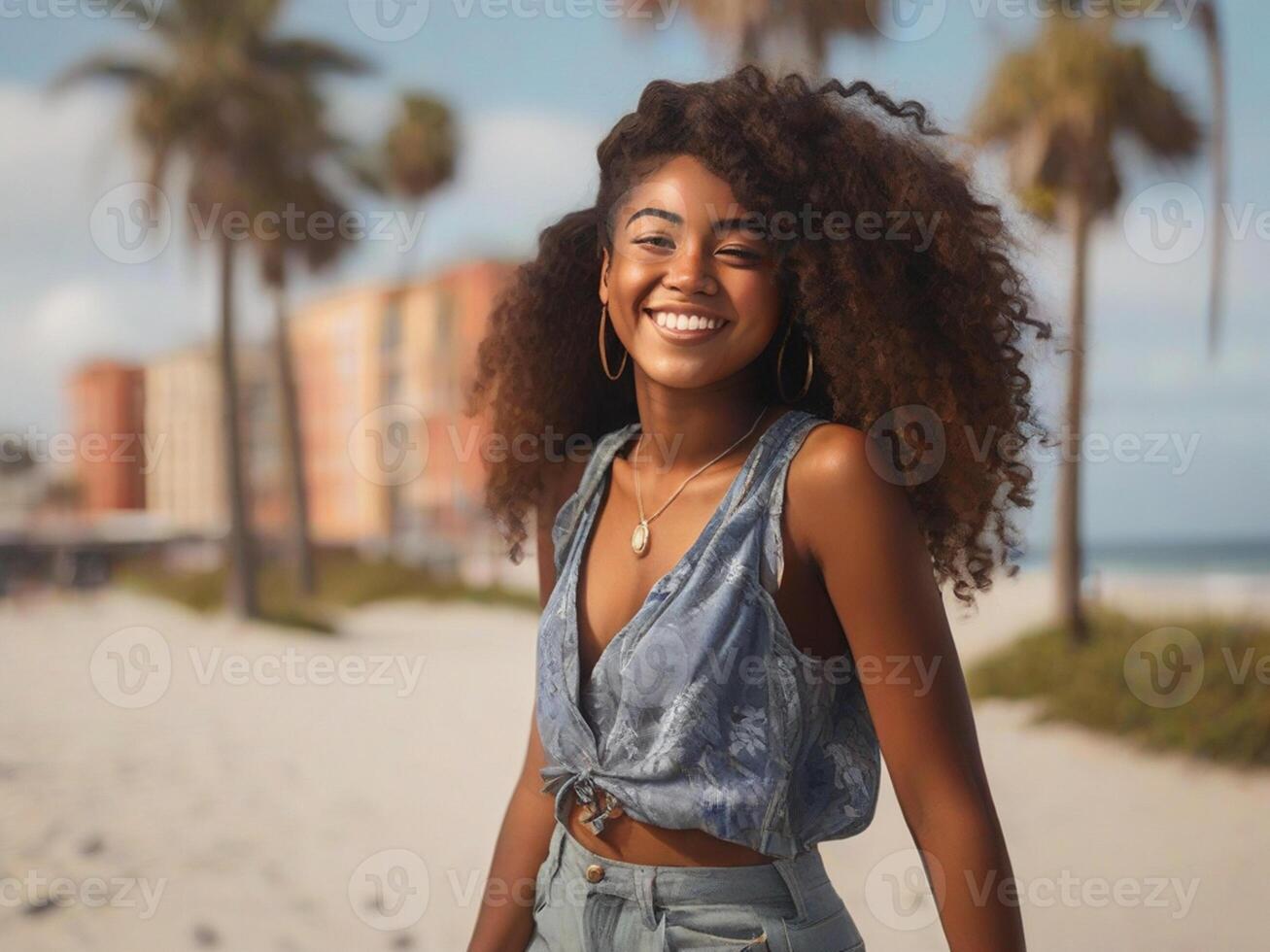 ai generato ritratto di un' bellissimo contento 30 anno vecchio latina donna con lungo ondulato capelli su il spiaggia foto