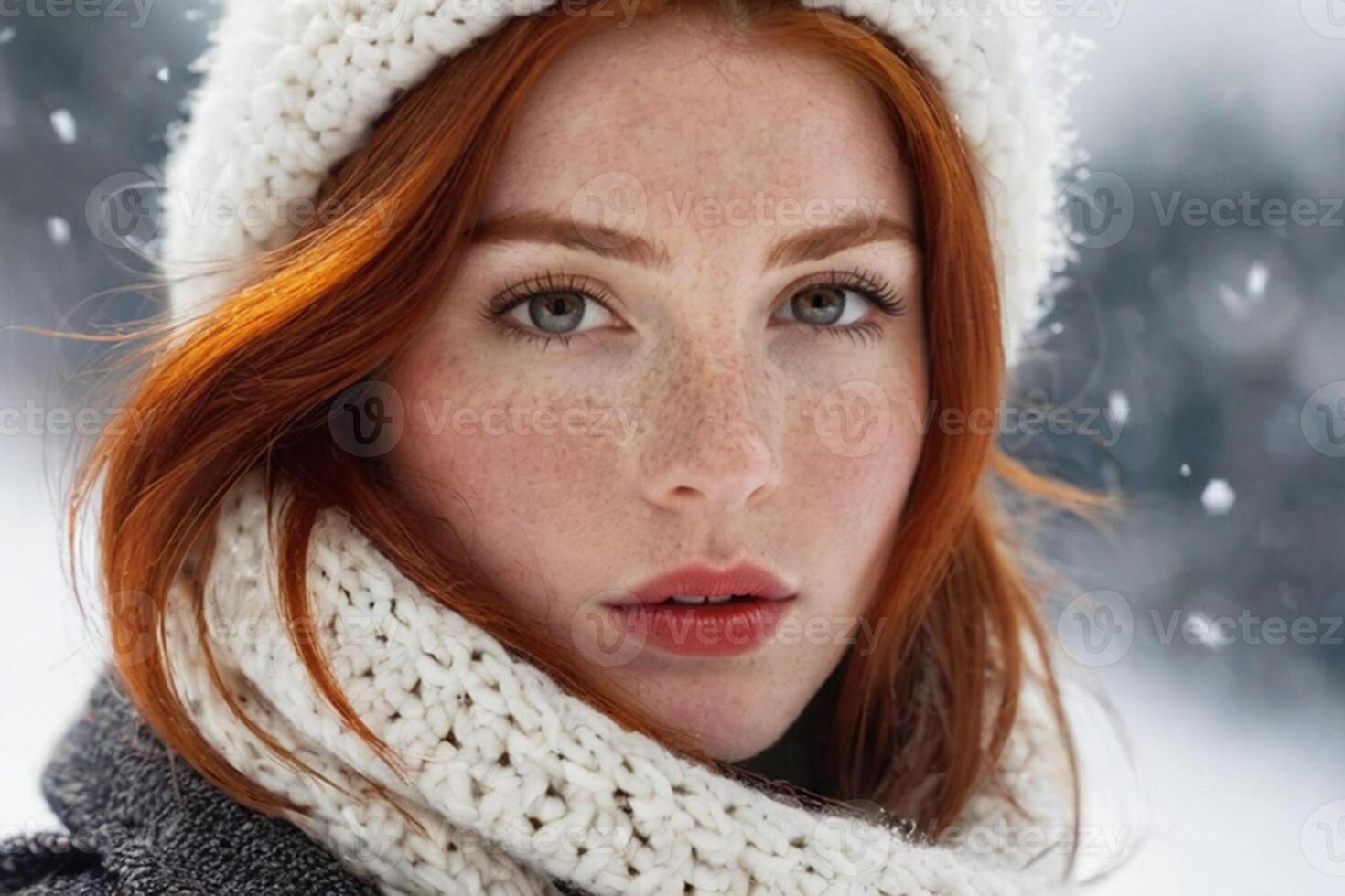 ai generato inverno ritratto di un' giovane dai capelli rossi ragazza nel un' a maglia cappello e sciarpa coperto con neve. viso con lentiggini avvicinamento. nevoso inverno bellezza concetto foto