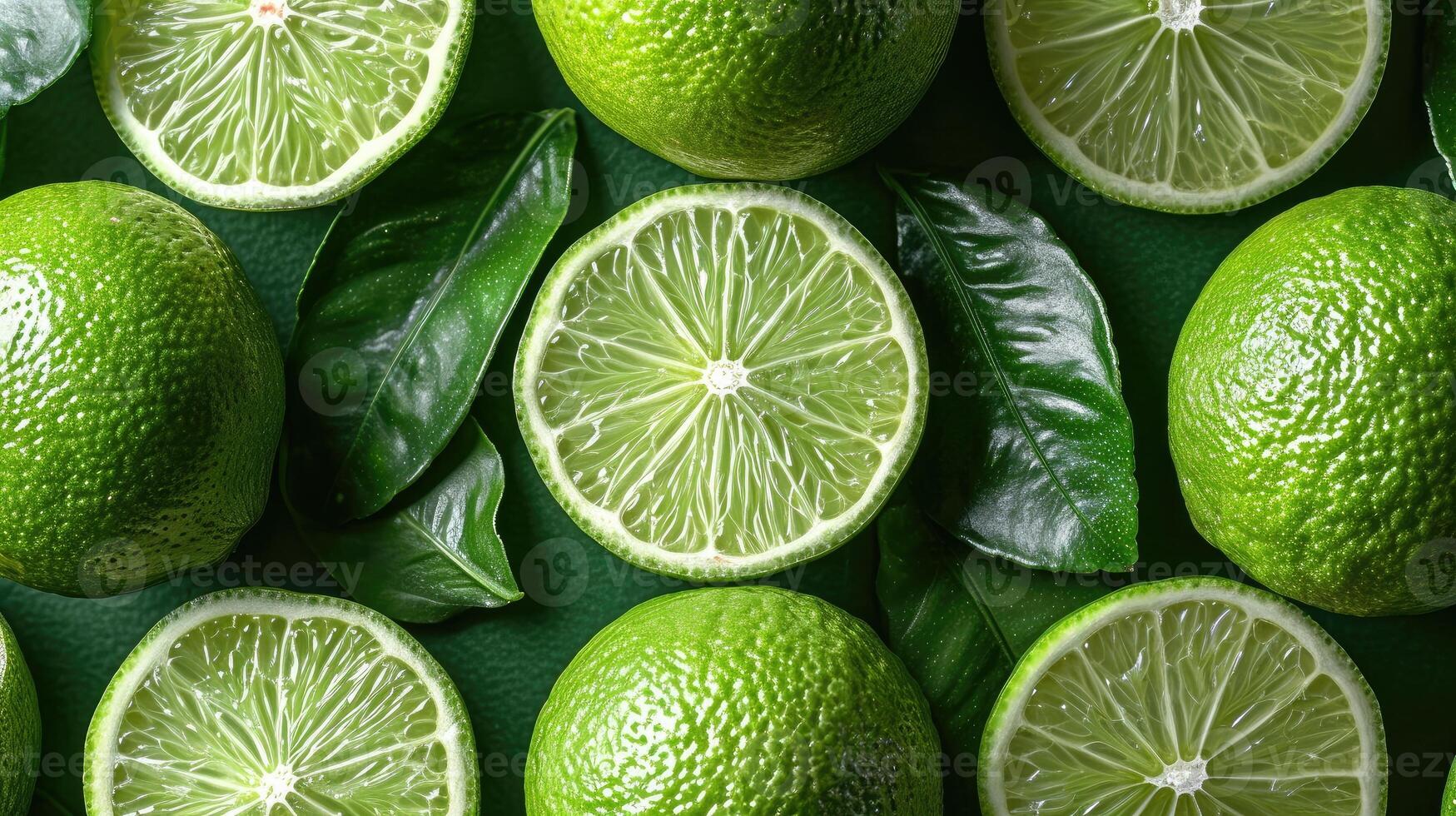 ai generato attraente sfondo con fresco fette di lime, disposte creativamente per evidenziare il frutta freschezza e particolari. foto