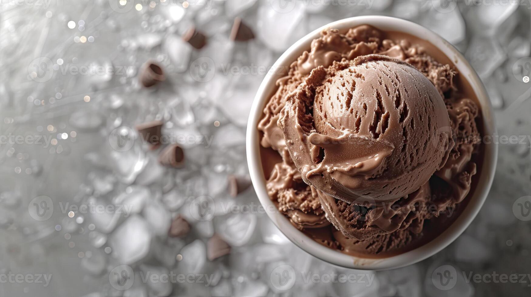 ai generato delizioso cioccolato ghiaccio crema con ghiaccio cubi e choco patatine fritte, dolce dolce sfondo. foto