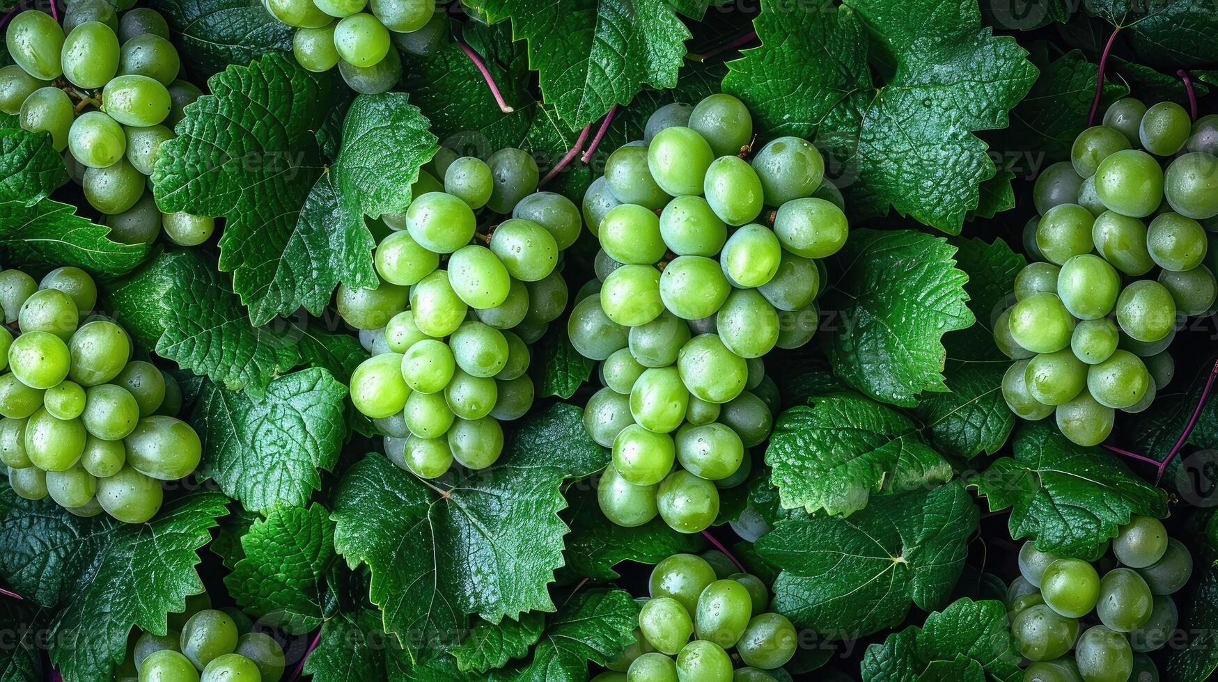 ai generato un' grappolo di fresco verde uva, un artistico preparativi per estetico appello. uva sfondo. foto