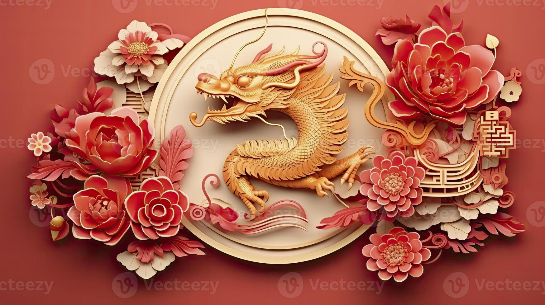 ai generato contento Cinese nuovo anno il Drago zodiaco cartello con fiore, lanterna, asiatico elementi oro carta tagliare stile. foto
