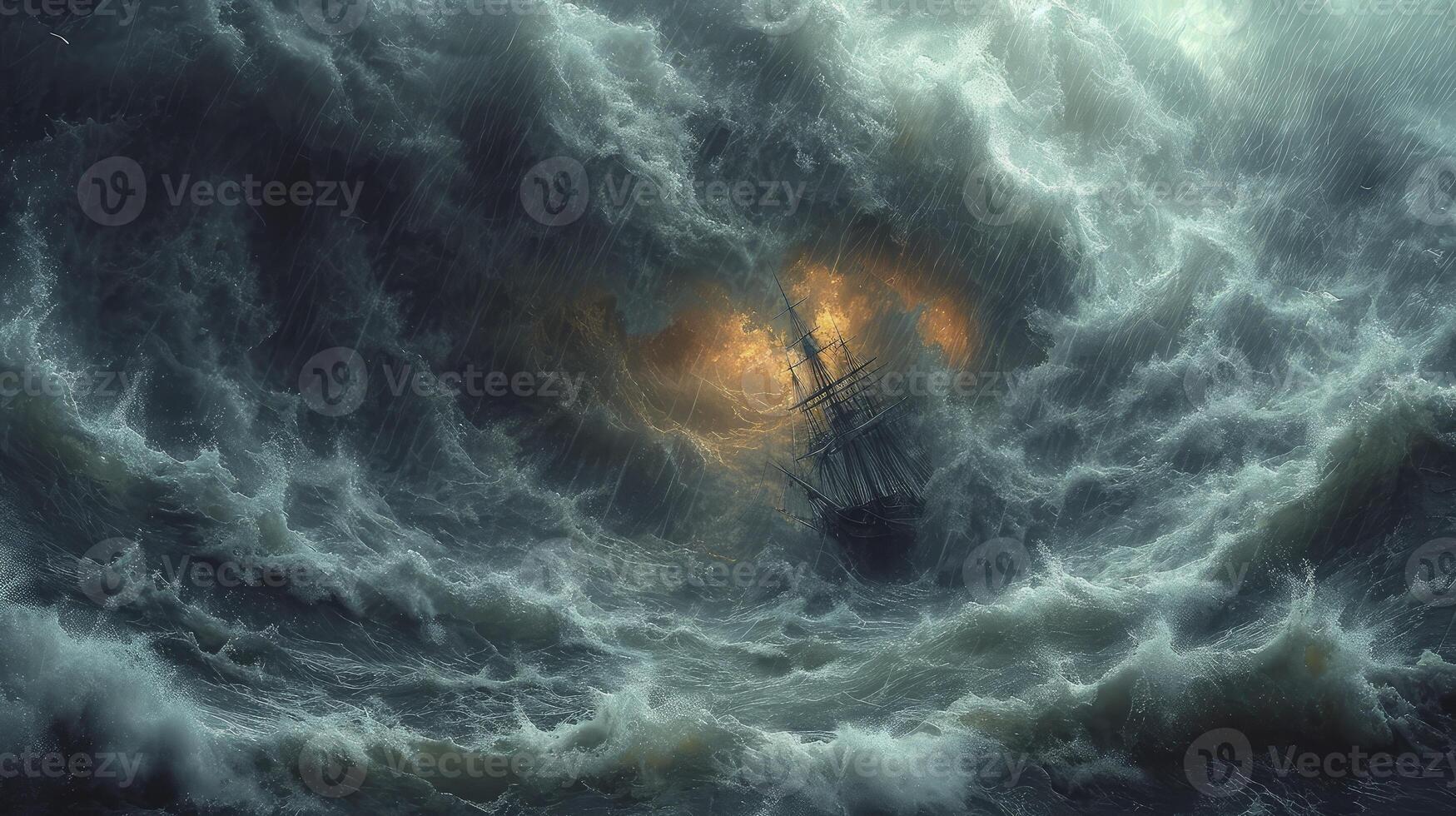 ai generato un' tornado tempesta a mare con un' nave ondeggiando in mezzo enorme onde. foto