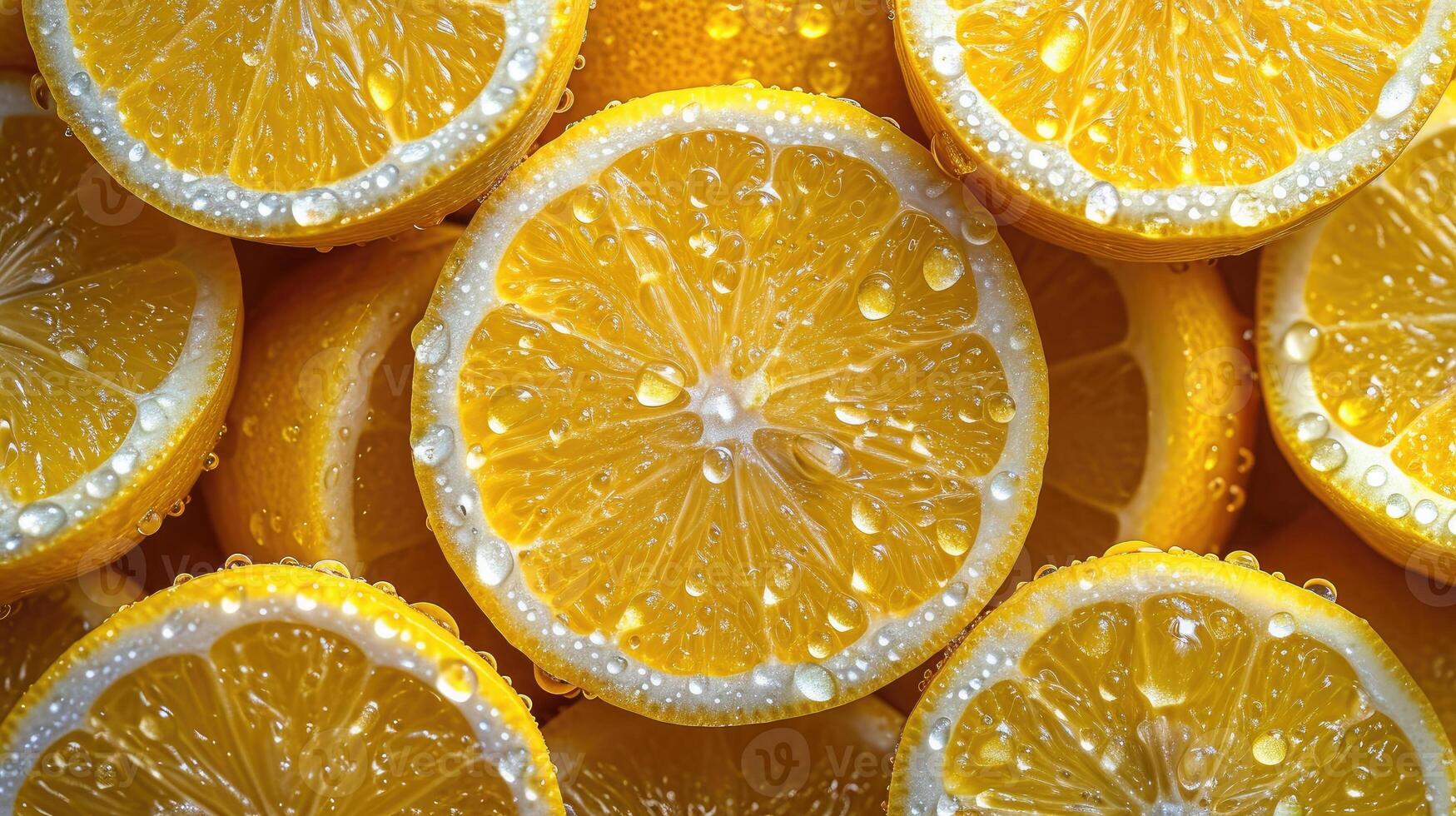 ai generato mucchio di Limone fette con fresco acqua gocce. foto