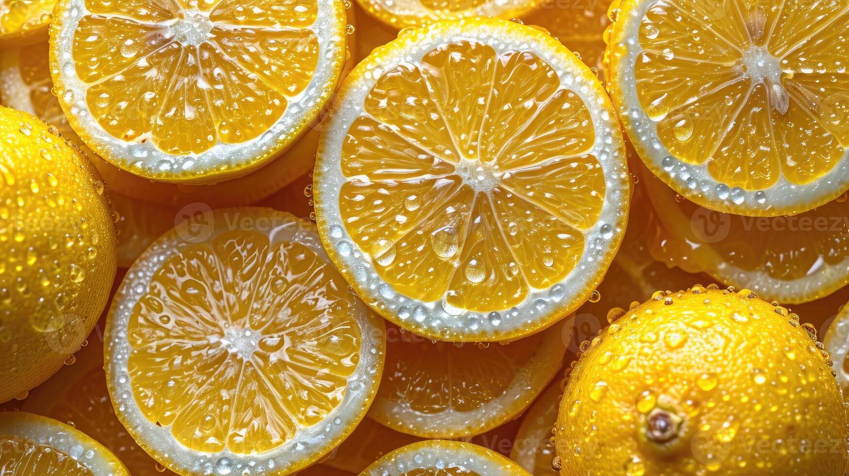 ai generato mucchio di Limone fette con fresco acqua gocce. foto