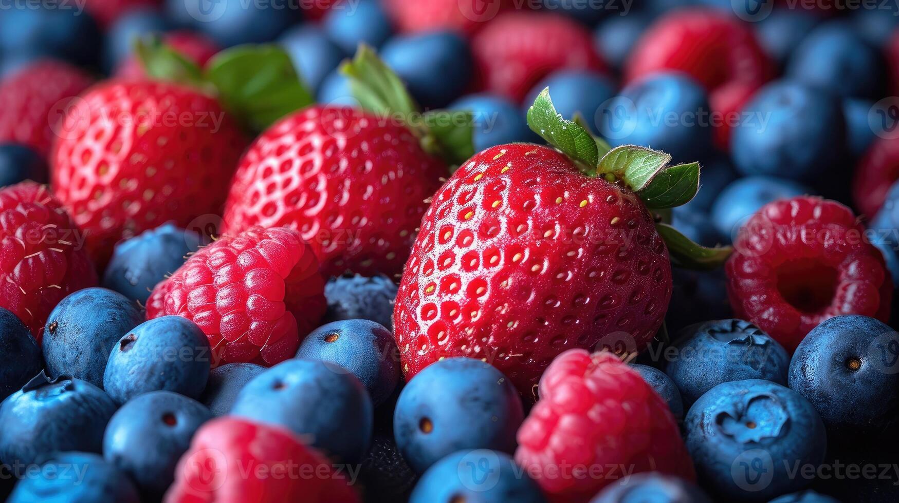 ai generato mescolare di frutti di bosco come come fragole, mirtilli, e lamponi disposte ad arte per un' scoppiare di colore sfondo. foto