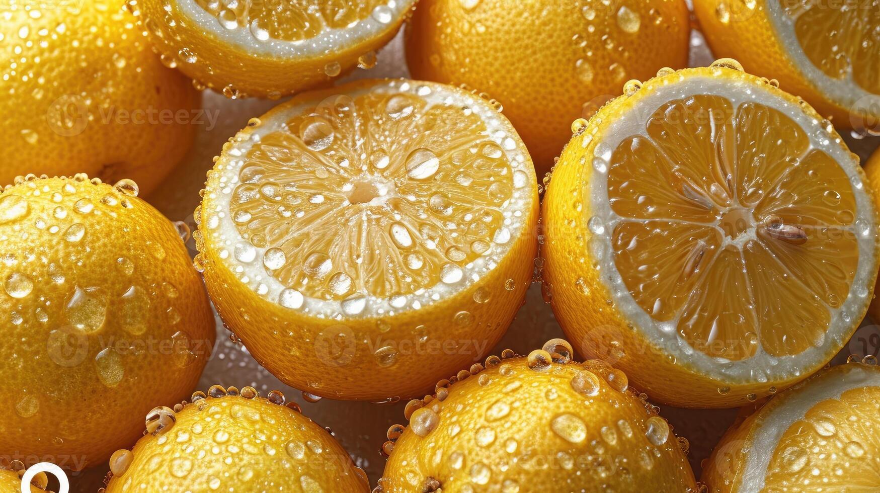 ai generato mucchio di Limone fette con fresco acqua gocce. foto
