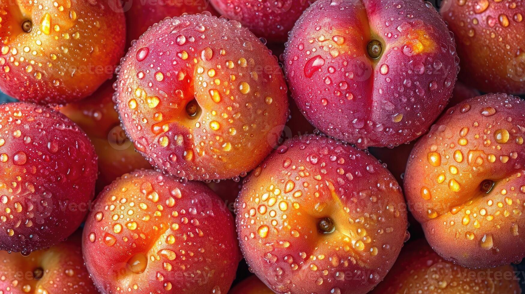 ai generato fresco Pesche con acqua gocce sfondo. foto