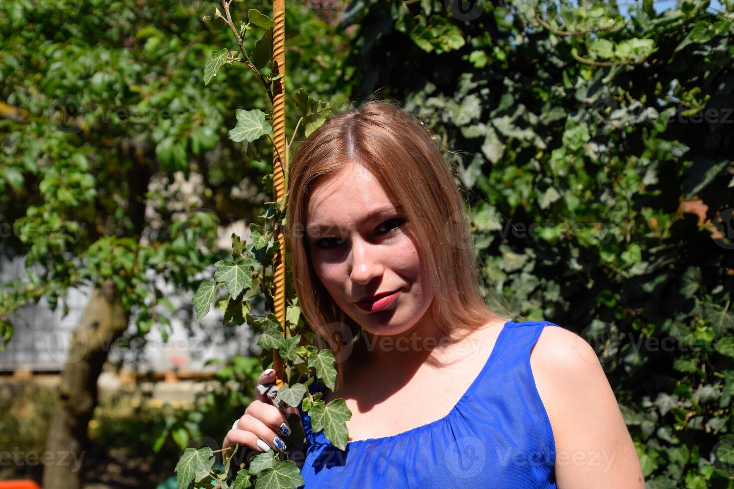 ritratto di un' ragazza nel un' blu vestito su sfondo di verde pergolato di edera. foto