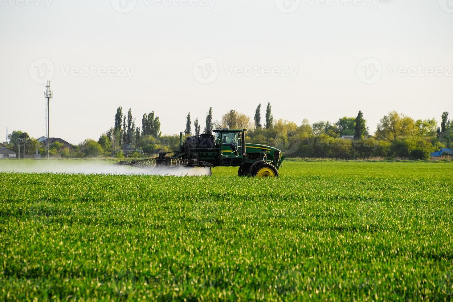 trattore con il Aiuto di un' spruzzatore spray liquido fertilizzanti su giovane Grano nel il campo. foto