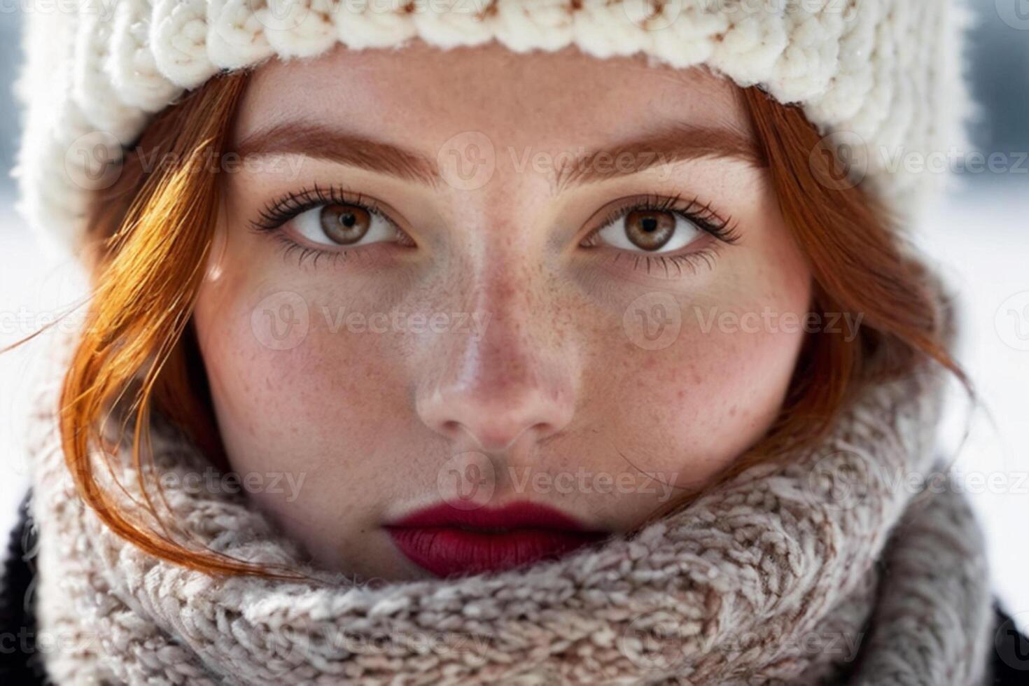 ai generato inverno ritratto di un' giovane dai capelli rossi ragazza nel un' a maglia cappello e sciarpa coperto con neve. viso con lentiggini avvicinamento. nevoso inverno bellezza concetto foto