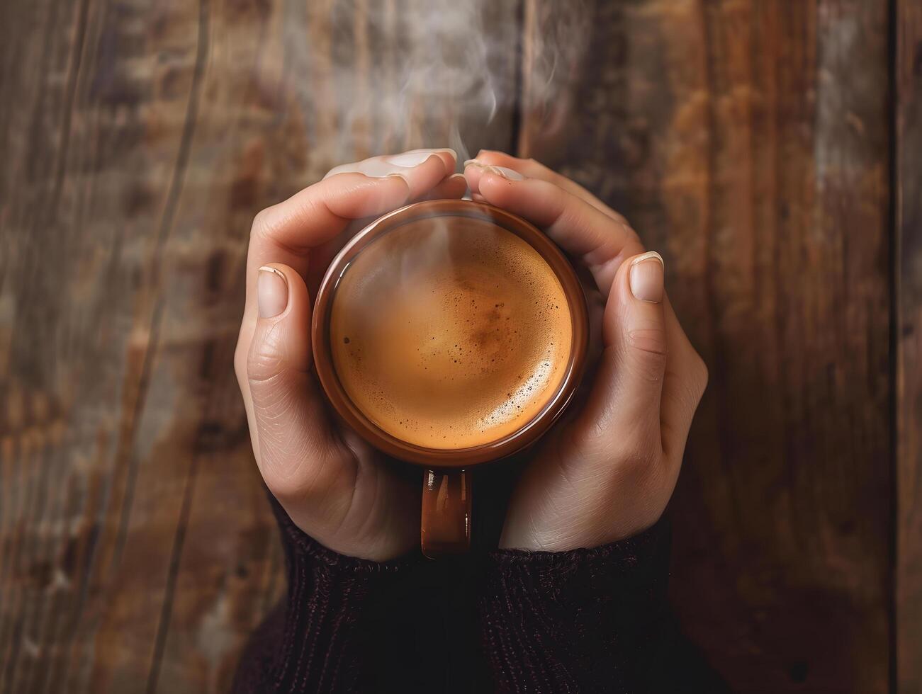 ai generato avvicinamento di donna di mano Tenere un' caldo caffè boccale con Fumo su il sfondo di un' di legno tavolo. donna Riempimento boccale con caldo fresco caffè nel un' mattina. vicino su tiro foto