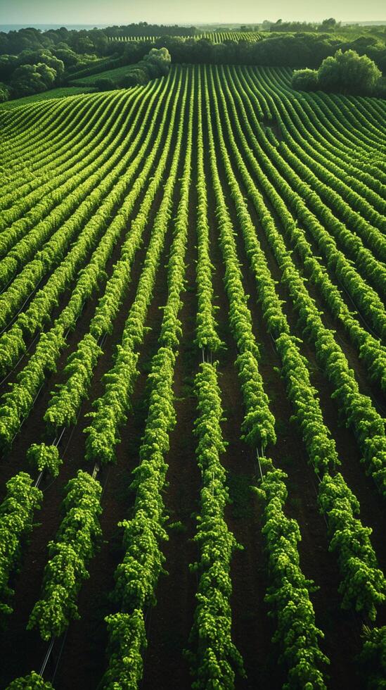 ai generato raccogliere pronto aereo Visualizza di vigneto con ordinatamente disposte righe verticale mobile sfondo foto