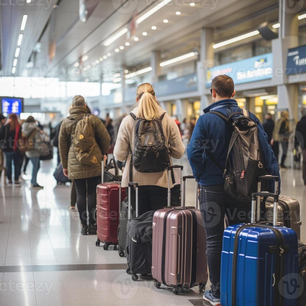 ai generato turisti in piedi con bagaglio nel coda nel il aeroporto terminale. ai generato foto