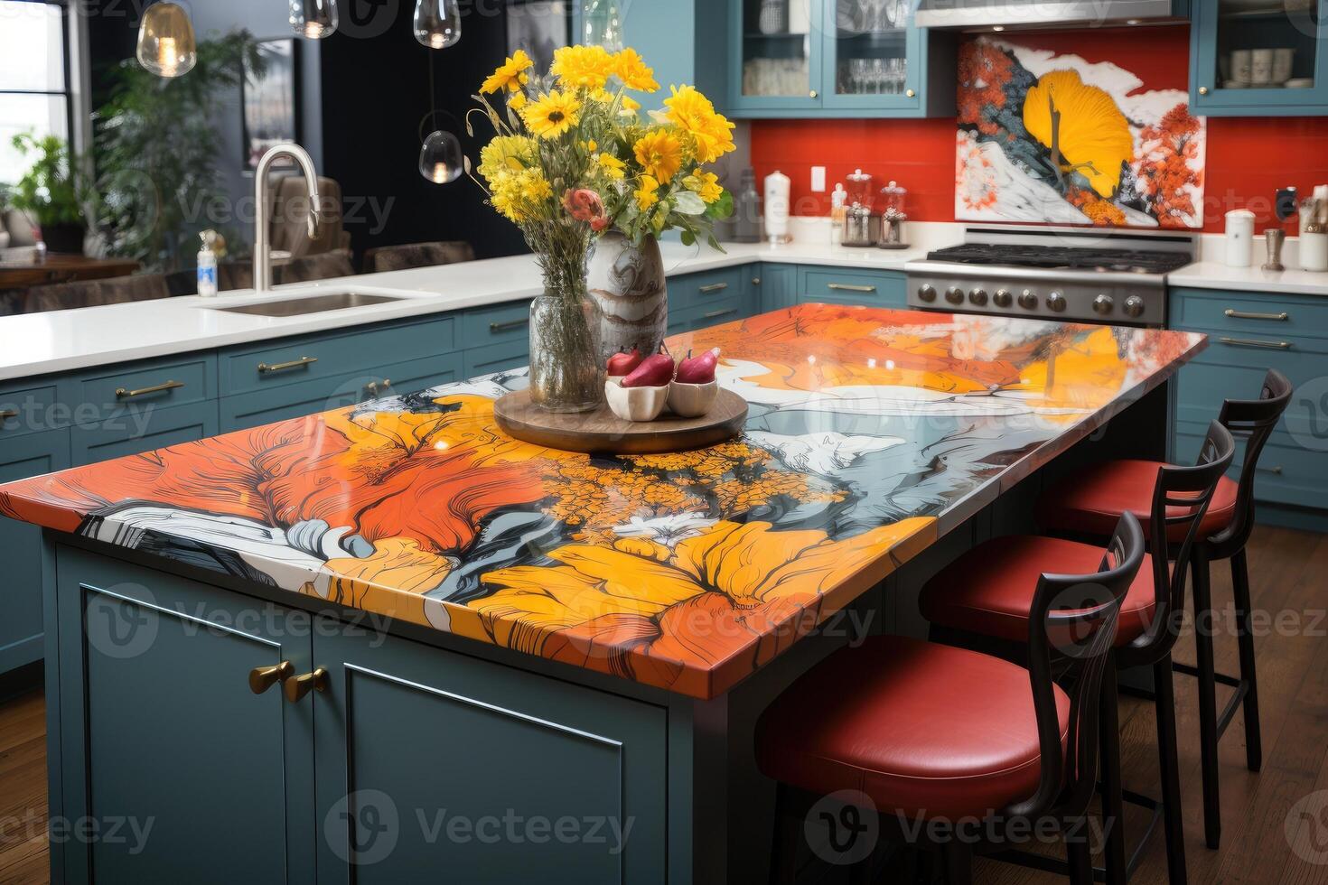 ai generato moderno cucina con controsoffitti colorato e giocoso modelli interno progettista professionale pubblicità fotografia foto