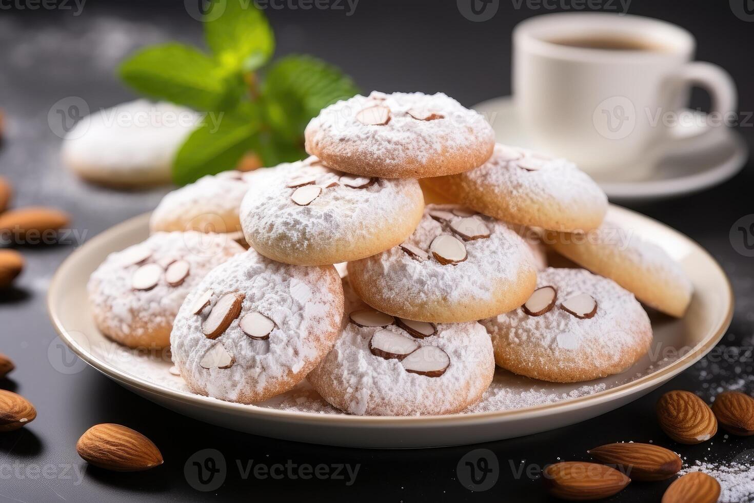 ai generato dolce mandorla biscotti su il tavolo professionale pubblicità cibo fotografia foto