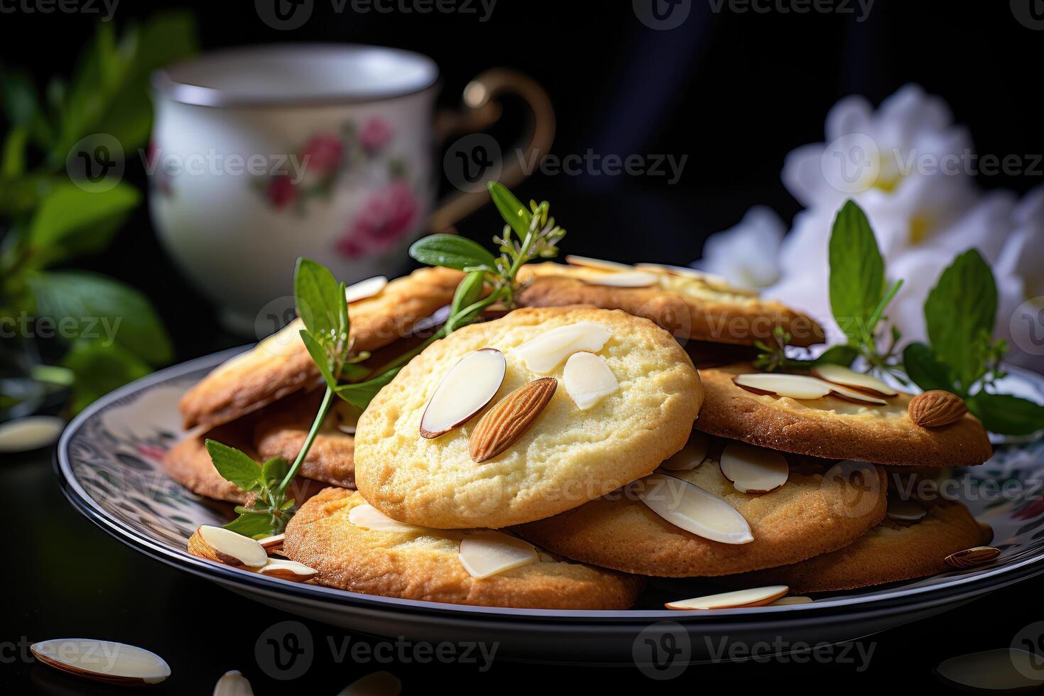 ai generato dolce mandorla biscotti su il tavolo professionale pubblicità cibo fotografia foto