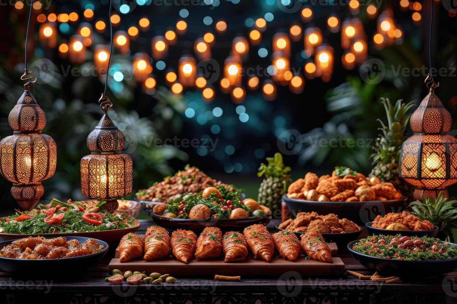 ai generato servi vario pasto per iftar Ramadan pubblicità cibo fotografia foto