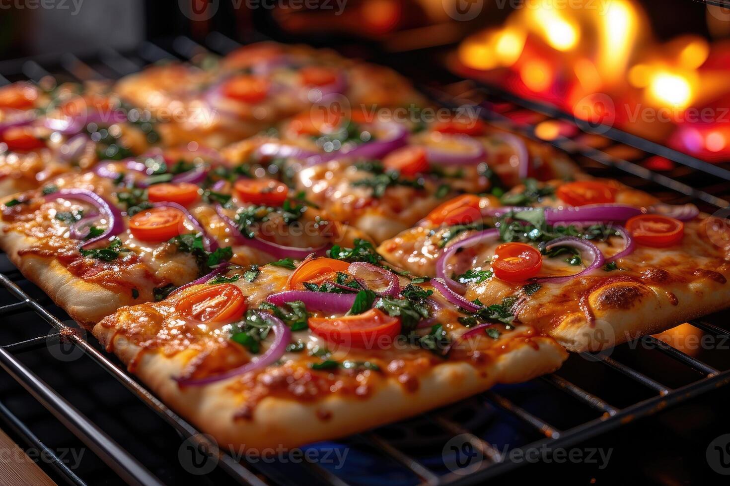 ai generato Visualizza dentro il forno vassoio cottura al forno Pizza professionale pubblicità cibo fotografia foto