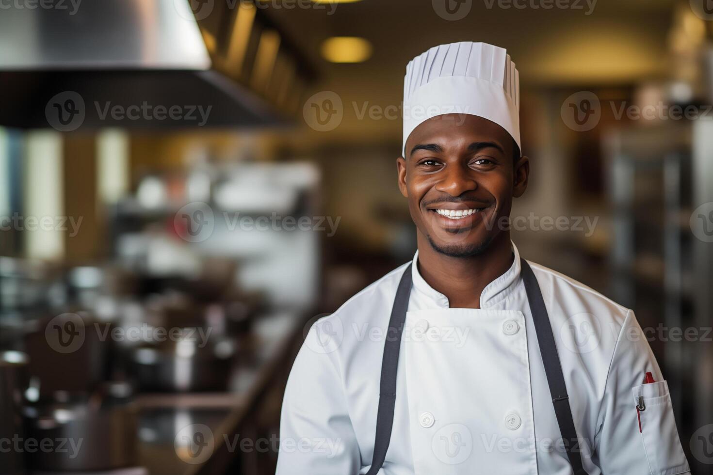 ai generato ritratto di afroamericano capocuoco nel il cucina nel un' ristorante. foto