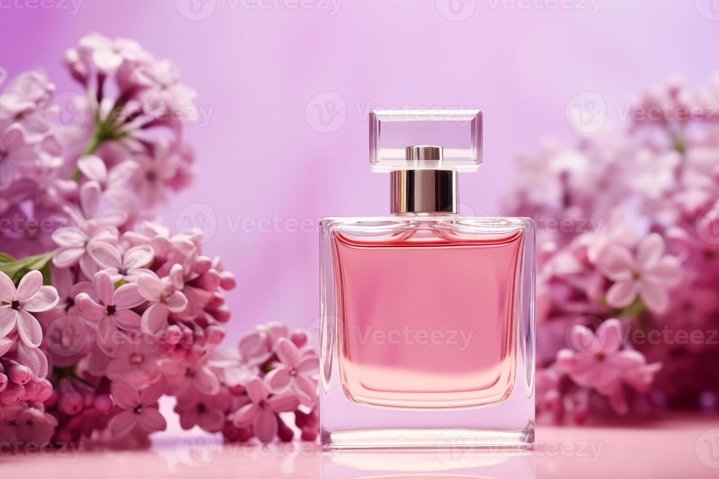 ai generato bicchiere elegante profumo bottiglia modello su rosa sfondo con malva lilla fiori. fascino annuncio pubblicitario striscione, copia spazio. foto