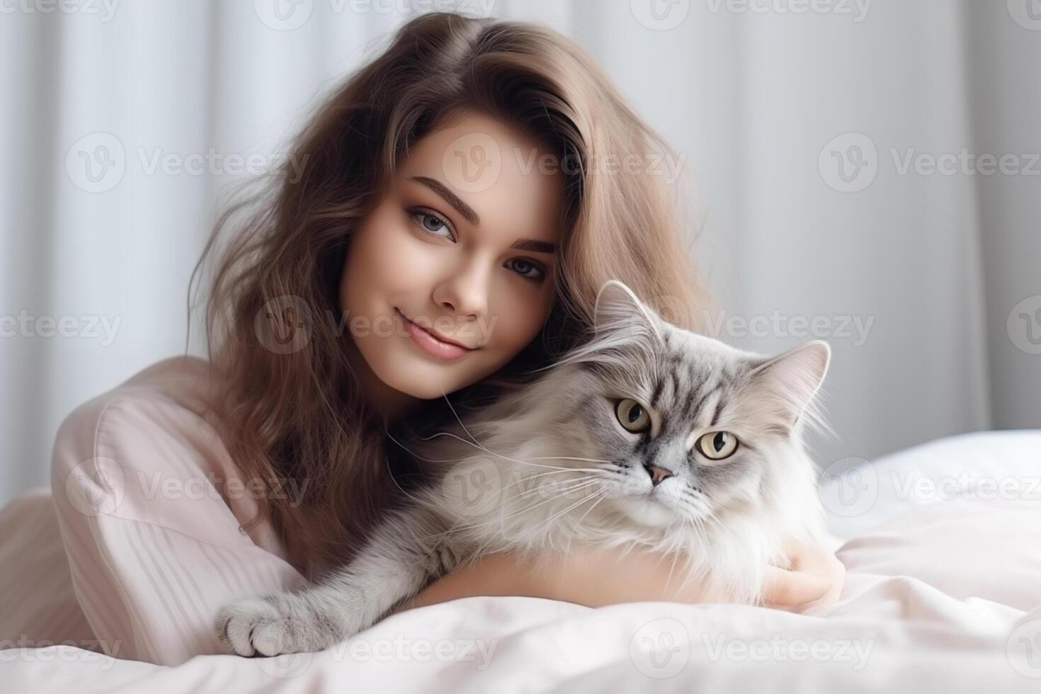 ai generato bellissimo giovane donna è Tenere un' gatto e sorridente mentre dire bugie su il letto a casa. foto