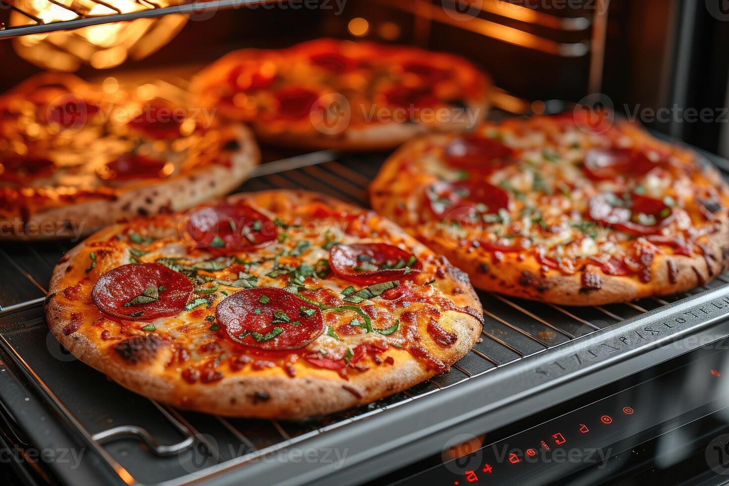 ai generato Visualizza dentro il forno vassoio cottura al forno Pizza professionale pubblicità cibo fotografia foto