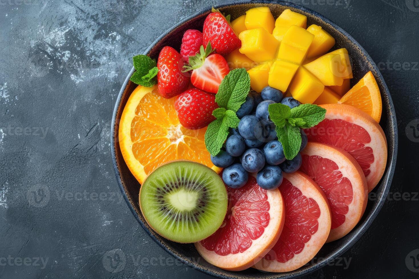 ai generato fresco misto frutta insalata nel un' ciotola professionale pubblicità cibo fotografia foto