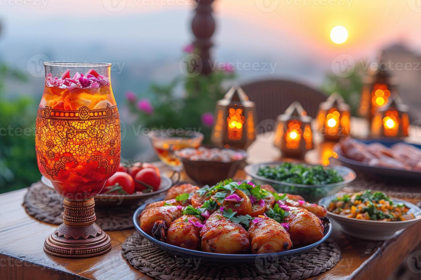 ai generato servi vario pasto per iftar Ramadan pubblicità cibo fotografia foto