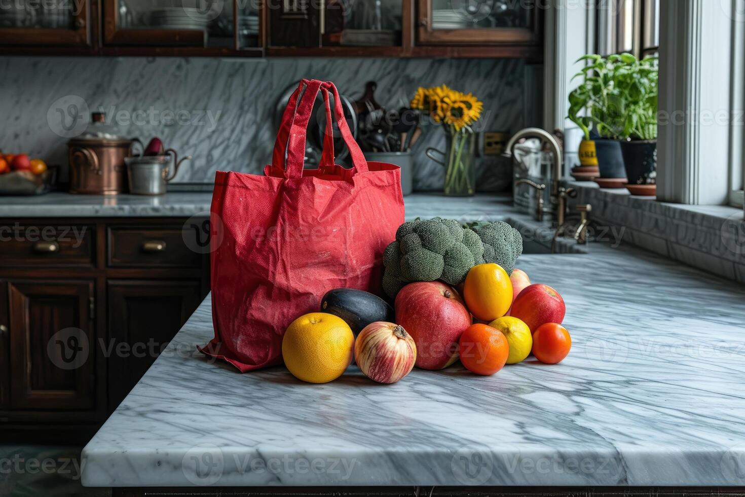 ai generato fresco produrre e drogheria borse seduta su superiore di un' controsoffitto professionale pubblicità cibo fotografia foto