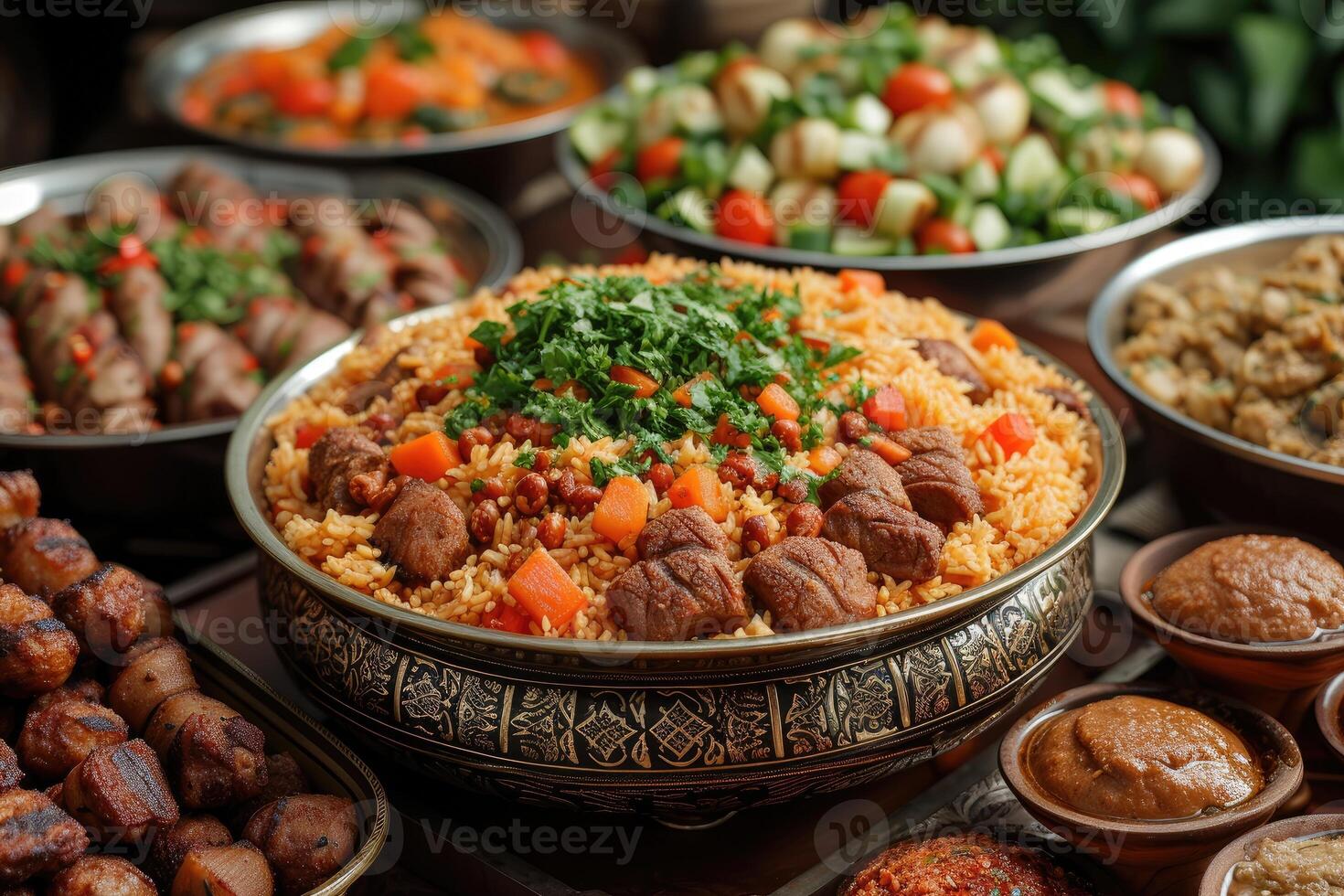 ai generato servi vario pasto per iftar Ramadan pubblicità cibo fotografia foto
