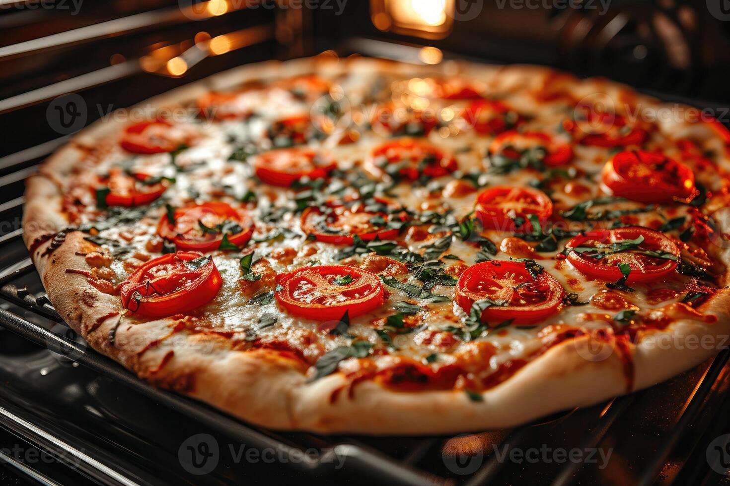 ai generato Visualizza dentro il forno vassoio cottura al forno Pizza professionale pubblicità cibo fotografia foto