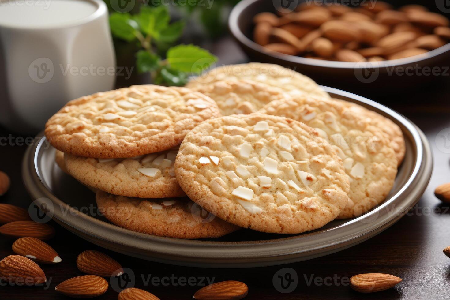 ai generato dolce mandorla biscotti su il tavolo professionale pubblicità cibo fotografia foto