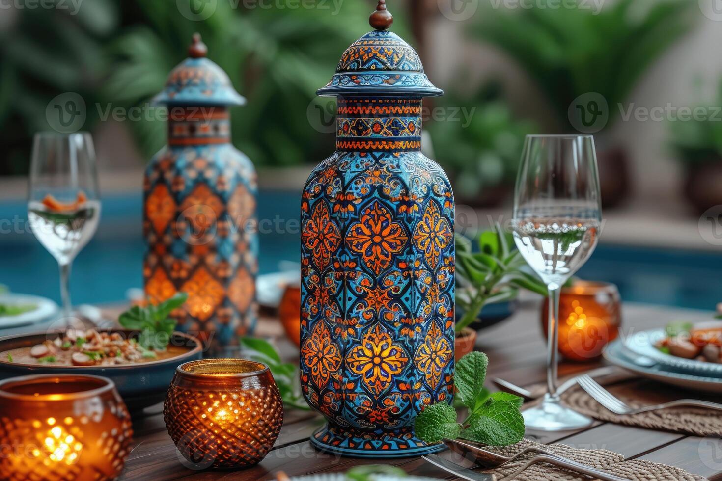 ai generato cenare tavolo con Ramadan vibrazioni decorazione santo mese di Ramadan concetto professionale pubblicità cibo fotografia foto