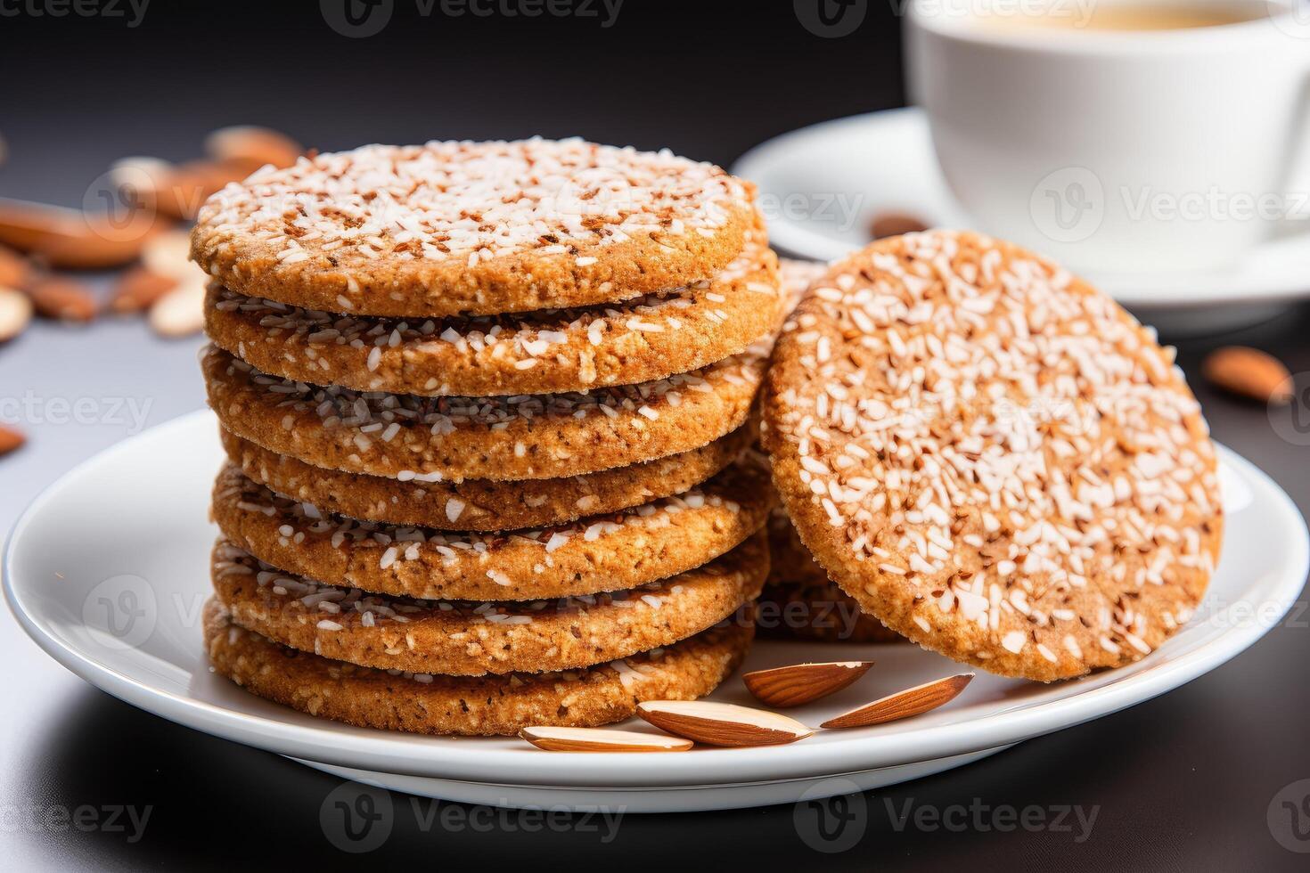 ai generato dolce mandorla biscotti su il tavolo professionale pubblicità cibo fotografia foto