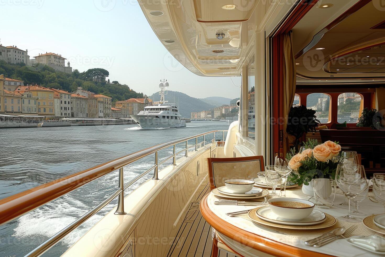 ai generato cenare tavolo su il superiore ponte fantasia yacht professionale pubblicità cibo fotografia foto